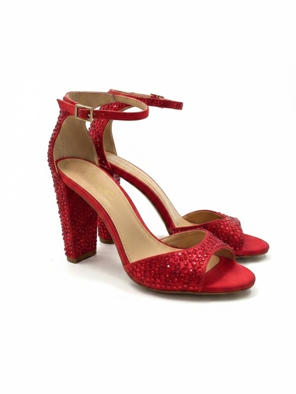 Jewel Badgley Mischka Jillian Crystal Red Satin Block Heel Sandals Size 7.5